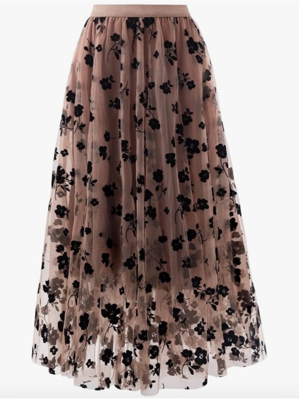 Floral Mesh Maxi Skirt in Blush with Black Appliqué